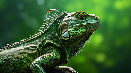 Obraz premium A green iguana is sitting on a branch in a lush green jungle, looking out at the world with its big, round eyes.