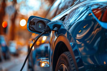 Naklejka premium A side view closeup of an electric car charging port with the charging cable securely connected