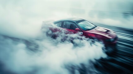 Obraz premium An energetic red car is shown drifting on a racing track, creating dense trails of smoke in its wake, capturing the essence of speed and hardcore automotive action.