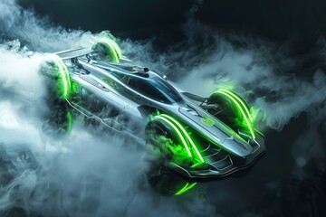 A silver racing car model with glowing green neon accents sits in a smoky setting