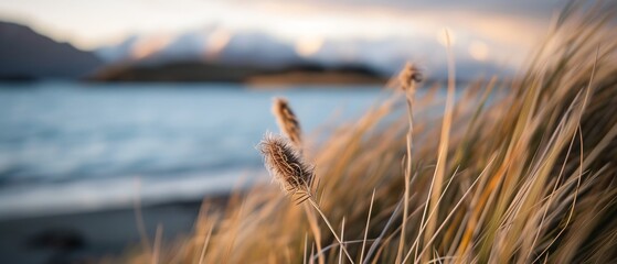  A tight shot of a plant by a body of water, with mountains in the background and the foreground occupied by the water