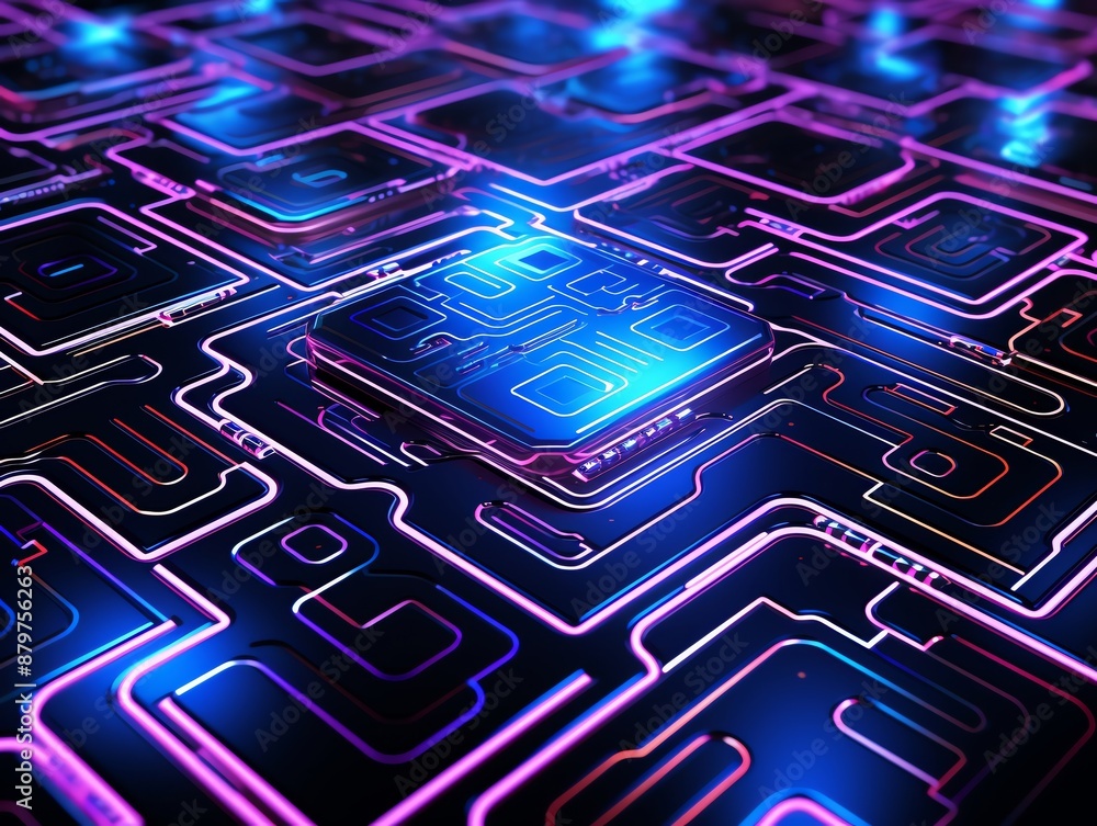 Poster Seamless techno texture with a holographic effect, showcasing layers of circuitry and futuristic patterns