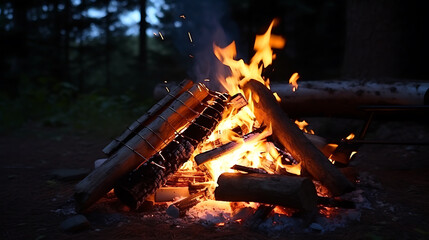 Obraz premium Campfire burning bright in the middle of the forest at night, with sparks flying up into the air.