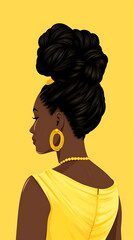 Woman with elegant updo, wearing yellow dress and gold jewelry, profile view.
