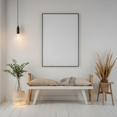 Empty photo frame, display, or 3d rendering of home interior design with a minimalistic, contemporary boho layout. Clean and crisp decor for indoor living with organic, natural yet Luxury design.
