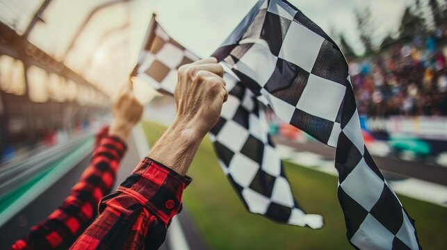 An image of racing fans enthusiastically waving checkered flags at the finish line, capturing the excitement and victory associated with car racing and audience engagement. - Powered by Adobe