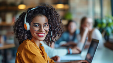 Happy joyful student girl in big wireless headphones talking on video call, waving hand hello, looking at camera, smiling, sitting at webcam,.