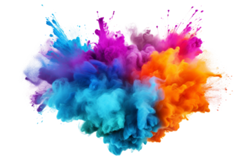 Colorful holi paint powder explosion captured Isolated on white background