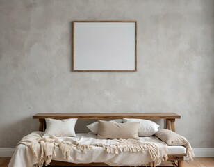 Empty photo frame, display, or 3d rendering of home interior design with a minimalistic, contemporary boho layout. Clean and crisp decor for indoor living with organic, natural yet Luxury design.