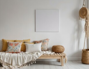 Empty photo frame, display, or 3d rendering of home interior design with a minimalistic, contemporary boho layout. Clean and crisp decor for indoor living with organic, natural yet Luxury design.