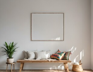 Empty photo frame, display, or 3d rendering of home interior design with a minimalistic, contemporary boho layout. Clean and crisp decor for indoor living with organic, natural yet Luxury design.