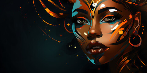 vibrant colors of blue, green, and orange in an abstract portrait of a woman with dark skin and a serious expression