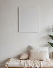 Empty photo frame, display, or 3d rendering of home interior design with a minimalistic, contemporary boho layout. Clean and crisp decor for indoor living with organic, natural yet Luxury design.