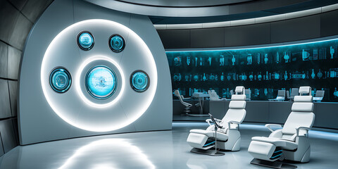 Futuristic interior of spaceship with control panel and chairs in white and blue
