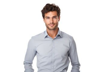 Fototapeta premium Confident young business professional with a pleasant expression, dressed in a crisp gray shirt. Isolated on white background