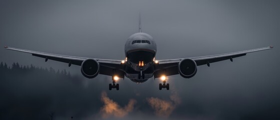  A large jetliner penetrates foggy skies, aligned with a runway illuminated by lights at its end