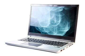 Cutting-edge laptop with see-through screens, front view, isolated on white background