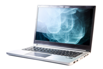 Cutting-edge laptop with see-through screens, front view, isolated on white background