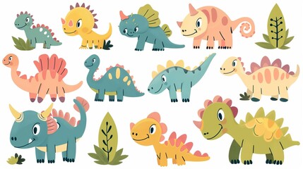 Fototapeta premium The image shows a collection of cute dinosaurs illustrated in a colorful and inviting cartoon style, perfect for children’s educational materials and playful themed designs.