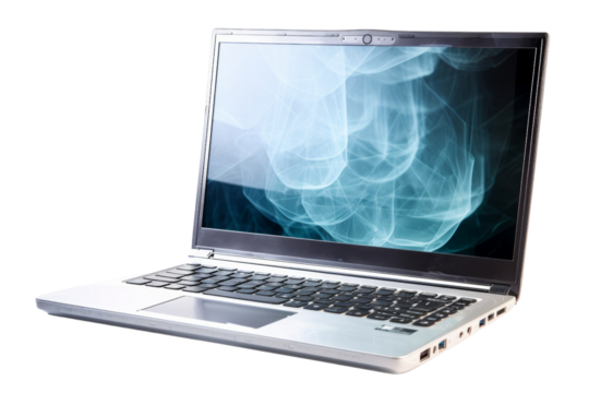 Cutting-edge laptop with see-through screens, front view, isolated on white background