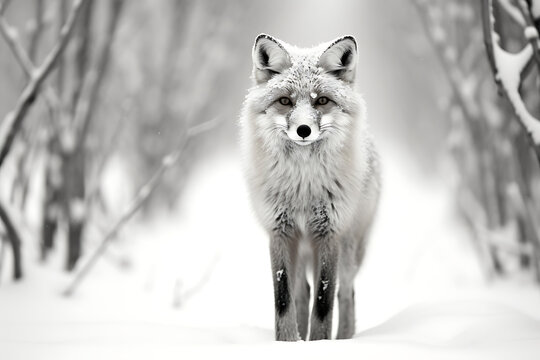A majestic silver fox stands tall in the snowy woods, its piercing yellow eyes conveying wisdom and mystery.