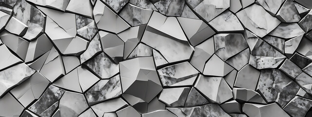 Abstract grayscale image of fragmented, geometric shapes.
