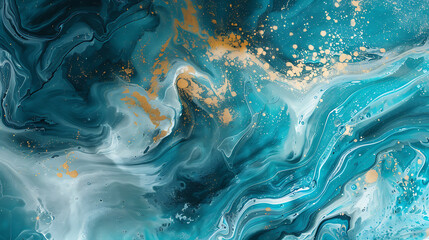 Mesmerizing teal and white fluid painting with gold accents conveys a sense of tranquility and luxury.