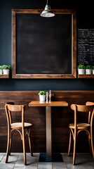 Minimalist retro styled cafe interior with an empty chalkboard menu, wooden table and chairs, and potted plants