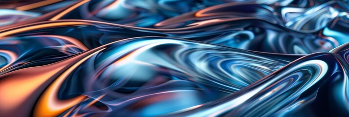 Artwork with vibrant metallic waves in blue and orange hues, created in an abstract fluid art style