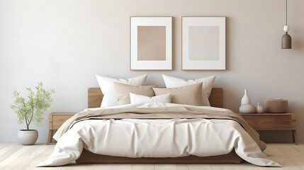 Warm and inviting bedroom with neutral colors and natural materials