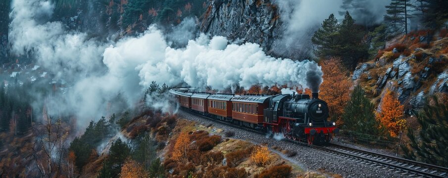 A steam locomotive chugging through a misty mountain pass.