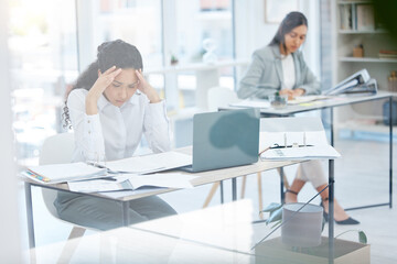 Headache, woman and stress in office for finance, company debt and overwhelmed in business. Female administrator, frustrated and anxiety at desk for budget crisis, burnout or confusion with documents