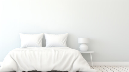A simple, white bedroom with a bed and a small lamp.
