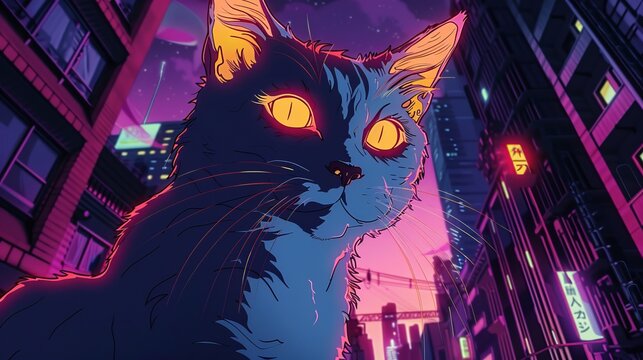 A stylized illustration of a cat with glowing eyes, set against a vibrant, neon-lit cityscape at night, showcasing a futuristic and cyberpunk aesthetic.