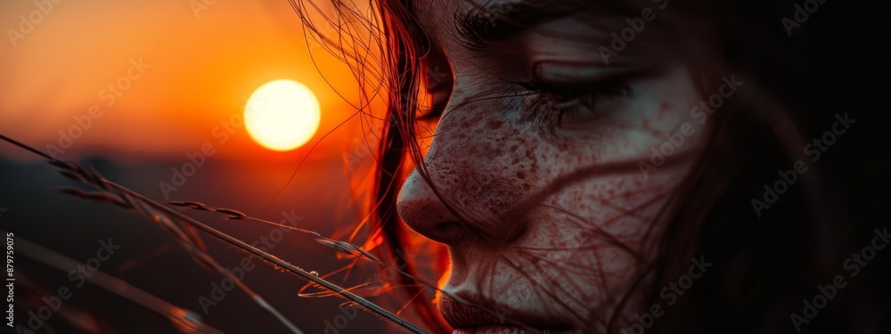 Wall mural  A woman's face, tightly framed, with the sun setting behind her, and grass blanketing the foreground