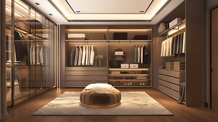 Rich warm colors convey a sense of luxury and sophistication in this modern minimal style ,spacious and organized walk-in closet design with plenty of storage space