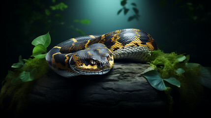A beautiful and deadly snake slithering through a lush green jungle, with vibrant colors and a sense of danger and excitement.