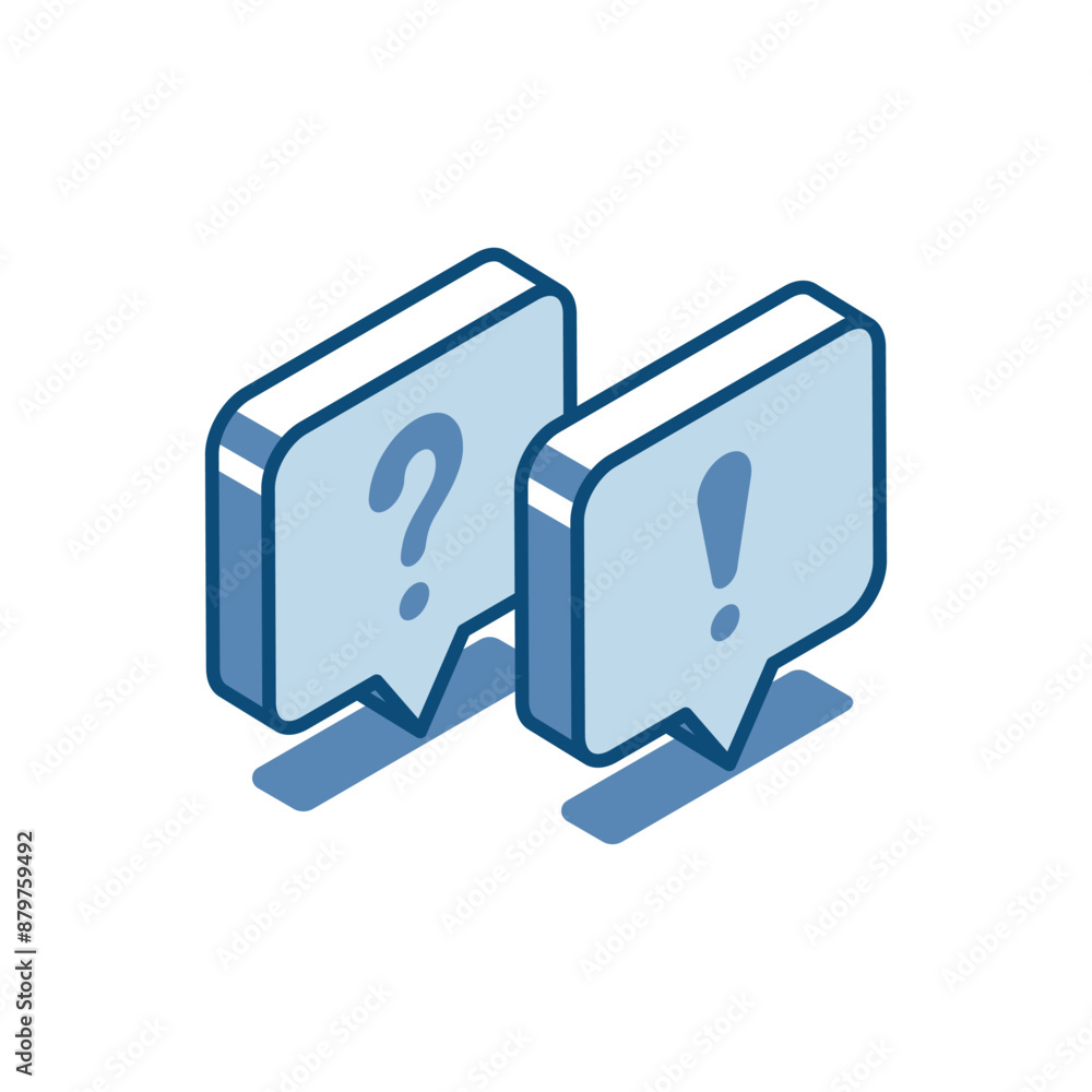 Poster isometric vector text bubble linear icon with exclamation mark and question, in black on white backg