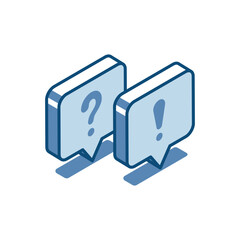 isometric vector text bubble linear icon with exclamation mark and question, in black on white background, important message or alert