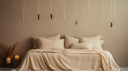 Comfy queen size bed with neutral tone sheets and pillows in a cozy bedroom