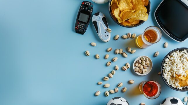 A collection of snacks, drinks, a remote, and a TV setup on a blue background, showcasing a typical game-watching scenario with chips, popcorn, and football elements.