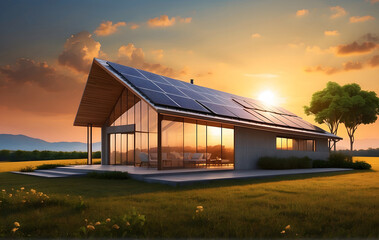Obraz premium Eco-Friendly Home with Solar Panels Under the Sunset, Renewable Energy Concept