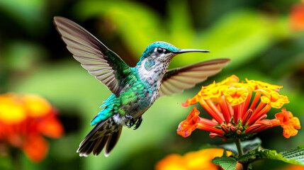 Obraz premium Hummingbirds fly eating pollen on a wide expanse of garden flowers, long beaks for sucking flower pollen, full of color