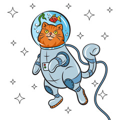 astronaut cat with aquarium instead of space helmet pop art retro PNG illustration. Comic book style imitation.