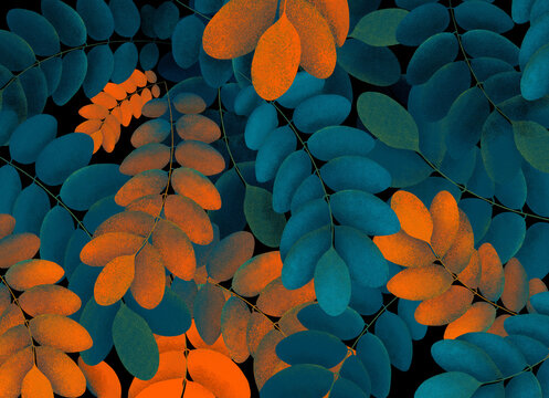 Fundo, folhas, estampa, padr&atilde;o, folhagem, padr&atilde;o, azul, laranja, ornamento, textura, jardim, bot&acirc;nico, tropical, inverno, outono, floral, florescer, fundo lettering, natureza, floresta, m&iacute;stico, magia