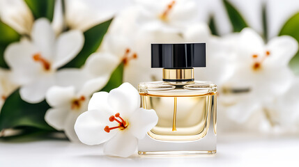 Elegant perfume bottle with white flowers, purity, freshness, floral scent