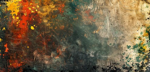 A weathered, textured canvas bursts with vibrant splatters and streaks of red, yellow, and green paint, layered upon a backdrop of earthy browns and blacks.