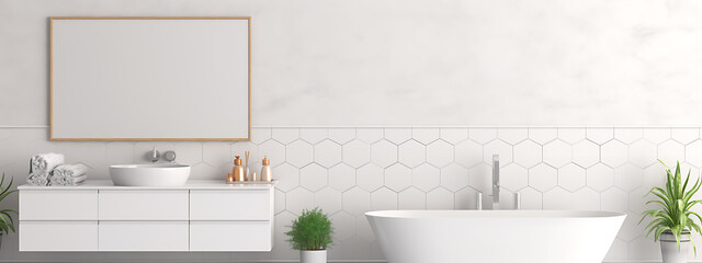White bathroom interior with bathtub, plants, and blank frame, showing a clean and modern design in home decor.