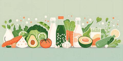 Fresh and healthy organic vegetables and fruits in cartoon style, arranged in a row on a green background, conveying a sense of vitality and nutrition.