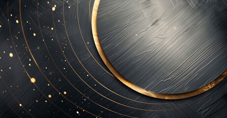 A circular, textured, dark gray surface is framed by concentric golden rings and surrounded by a sparkling black background.